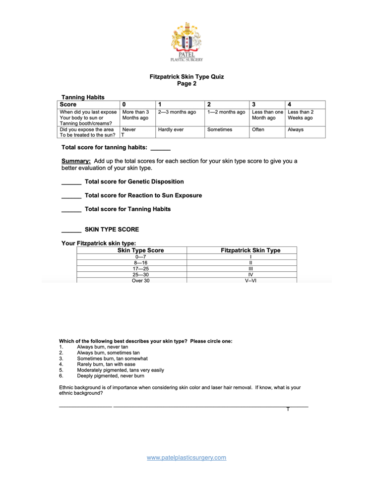 Fitzpatrick Skin Type determination using a questionnaire Page 2