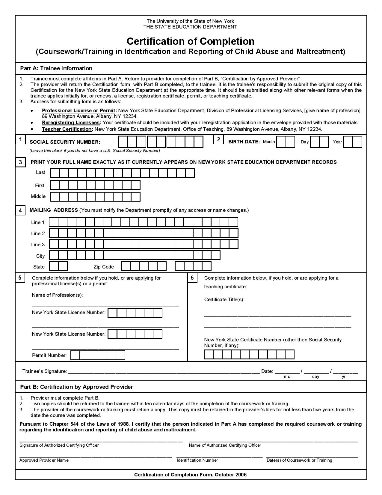 New York Certificate of Completion (Training in ID and Reporting of Child Abuse and Maltreatment)