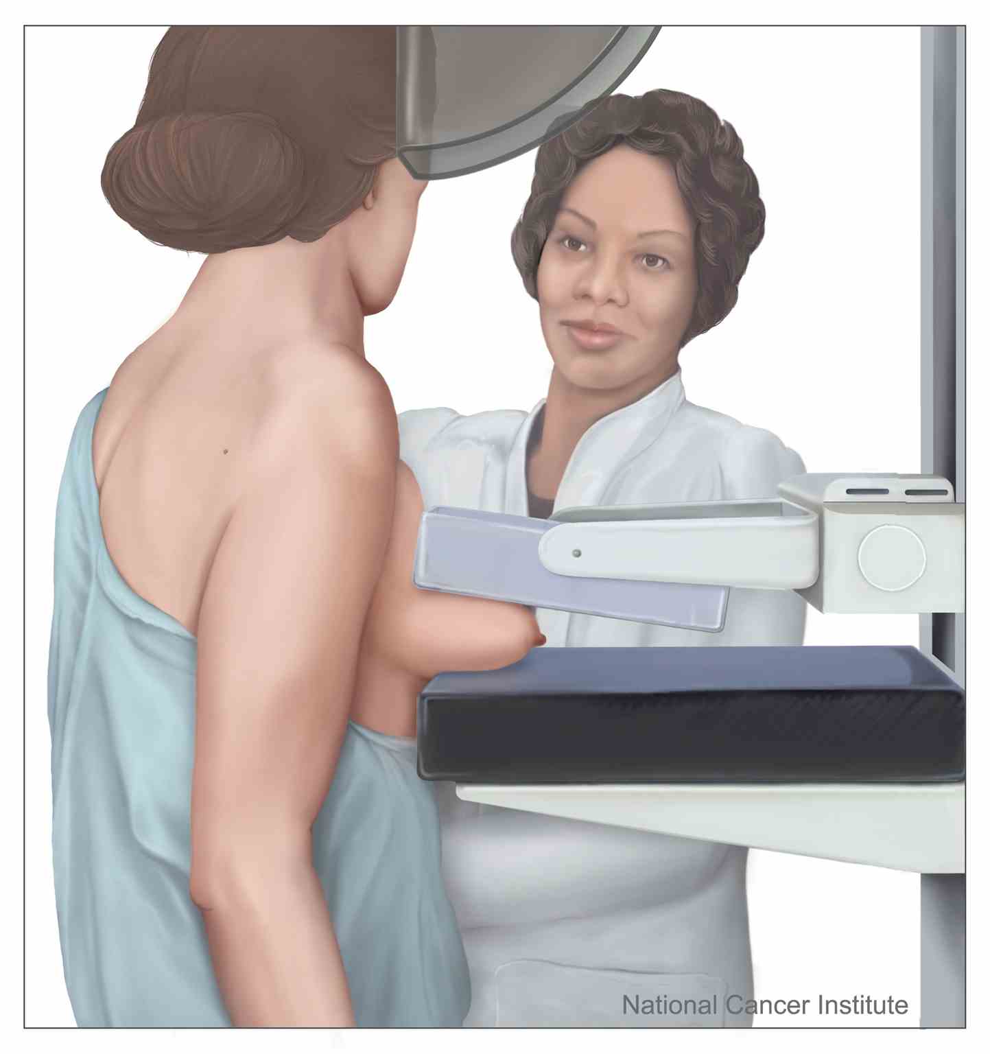 Mammography in process: Shown is a drawing of a female having a mammogram